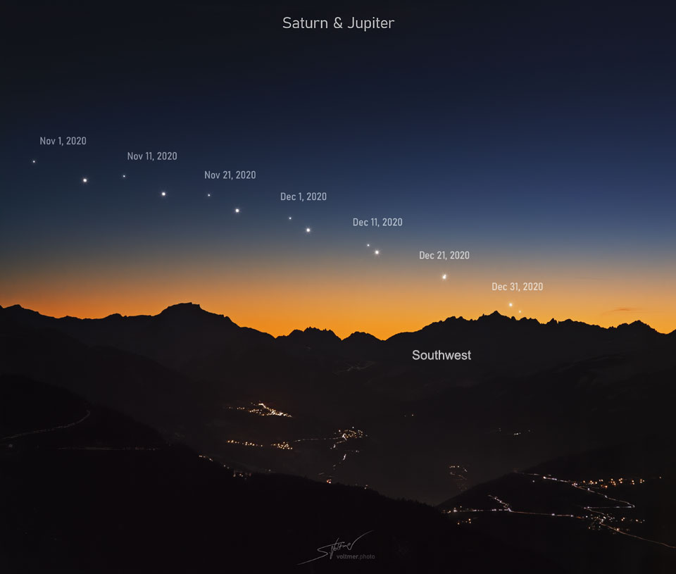 Die Annäherung von Saturn und Jupiter im November und Dezember über den französchen Alpen.