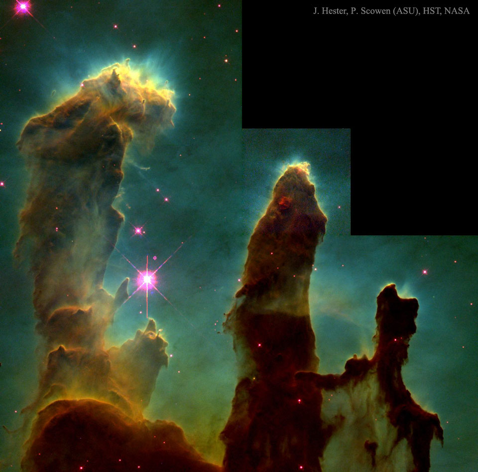 Dieses Bild des Adlernebels wurde 1995 mit dem Weltraumteleskop Hubble aufgenommen, es zeigt verdampfende Bok-Globulen, die in den Säulen aus molekularem Wasserstoff und Staub entstehen.