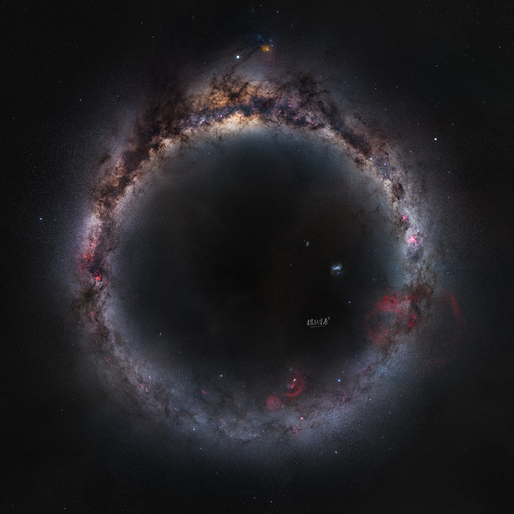 Dieses Bildmosaik zeigt ein Panorama der gesamten Milchstraße, zu einem Ring projiziert, mit Jupiter, Orion, Antares sowie der Großen und der Kleinen Magellanschen Wolke.