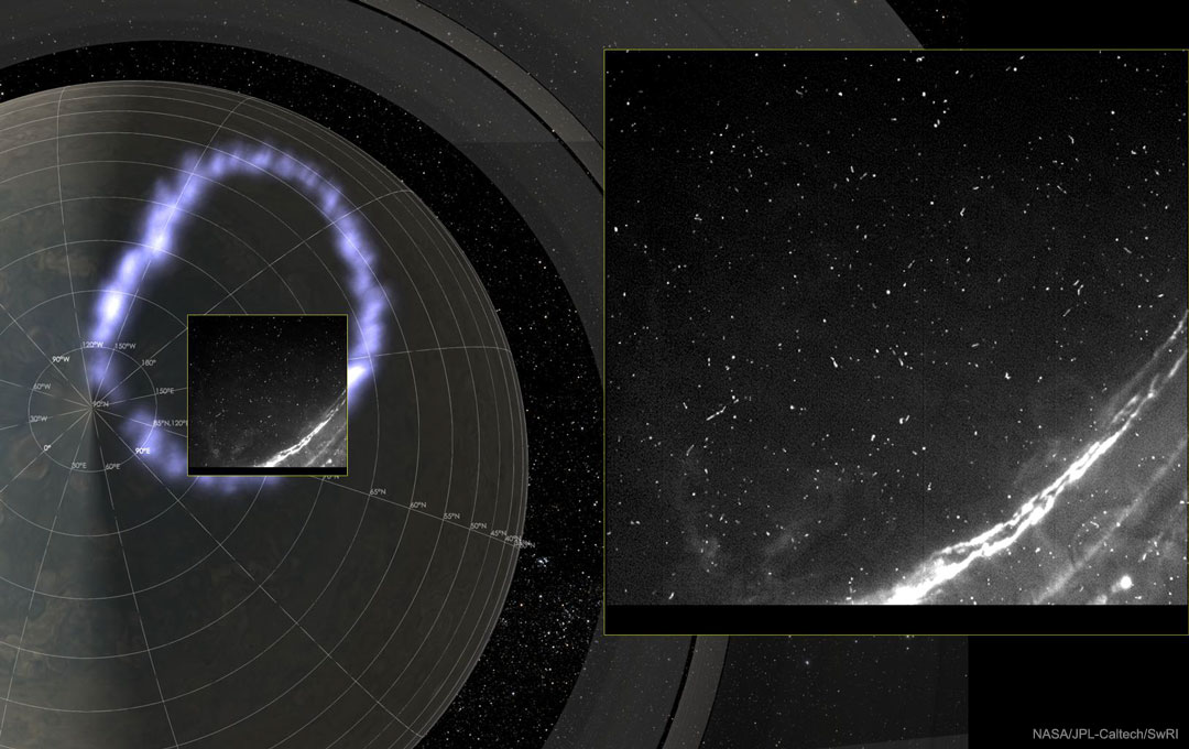 Blitze und Polarlichter an Jupiters Polen.