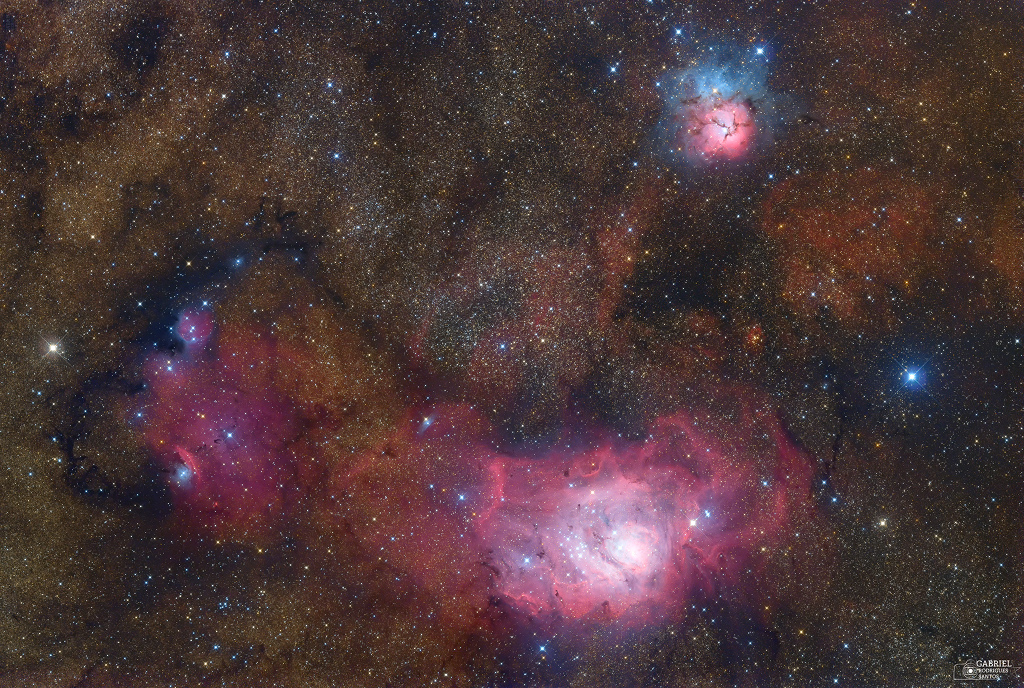 Lagunennebel (M8), Trifidnebel (M20) und NGC 6559, drei markante Nebel im Sternbild Schütze.