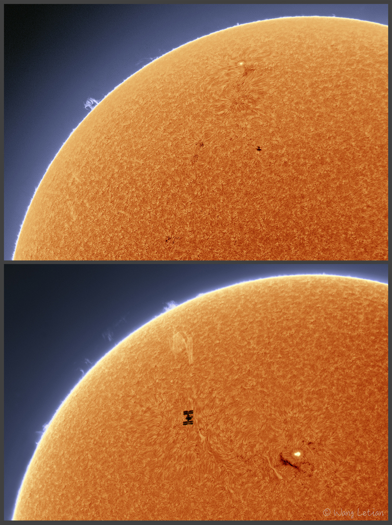 Die Sonne in H-Alpha-Licht mit den Silhouetten der Internationalen Raumstation und Chinas neuer Raumstation Tiangong.