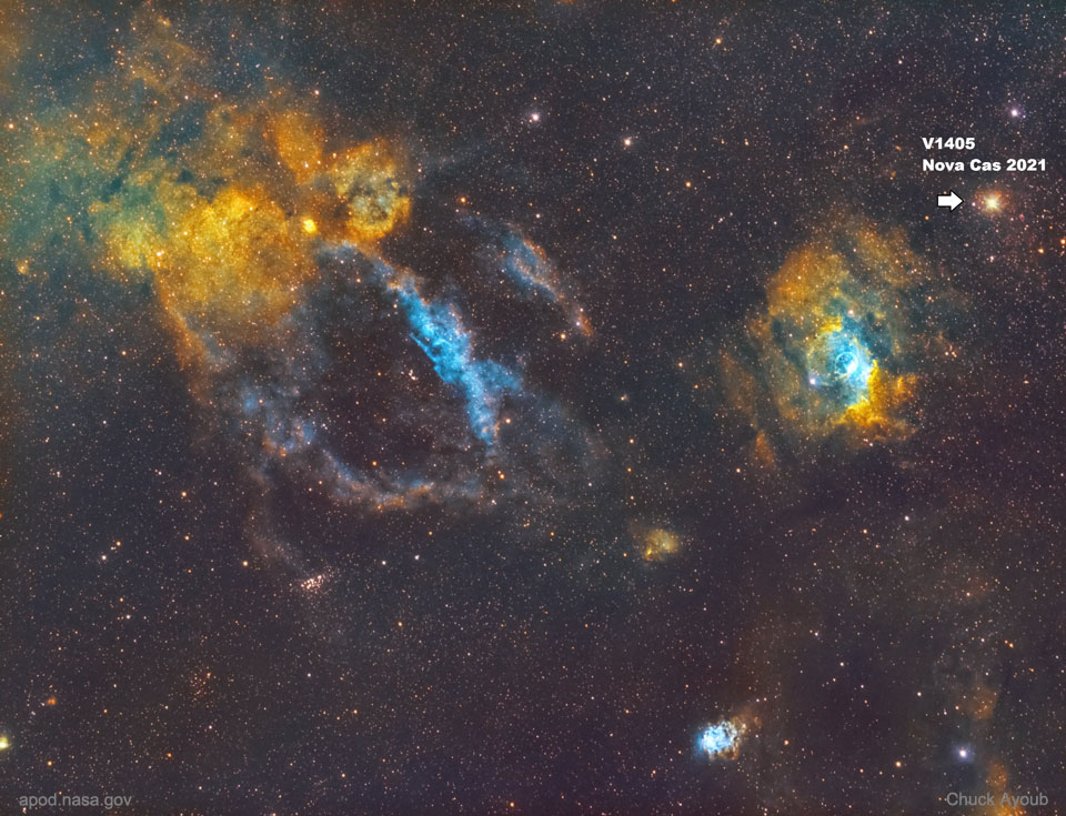 Die Nova Nova Cas 2021 oder V1405 Cas im Sternbild Kassiopeia in der Nähe des Blasennebels war mit bloßem Auge sichtbar.