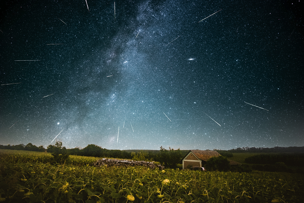 Diese Nachthimmelslandschaft mit Perseiden wurde in 3 mondlosen Nächten in Magyaregres in Ungarn fotografiert.