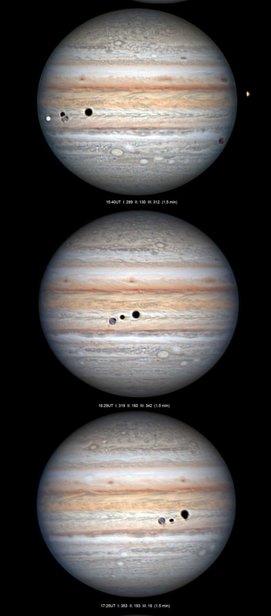 Bedeckungen und Schattenwürfe der galileischen Jupitermonde.