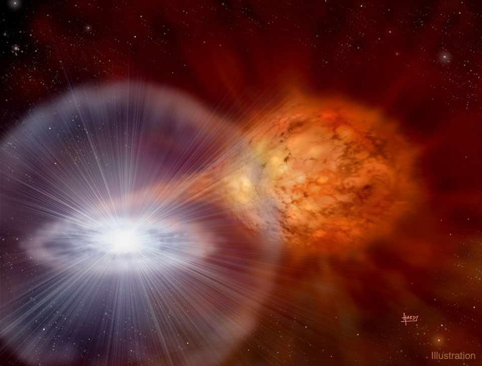 Im Doppelsternsystem RS Ophiuchi strömt Materie von einem Roten Riesen zu einem Weißen Zwerg und löst immer wieder Nova-Explosionen aus.