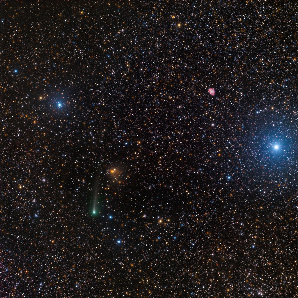 Sternenfeld im Sternbild Stier mit Messier 1, dem Krebsnebel, und dem Kometen 67P Tschurjumow-Gerassimenko.