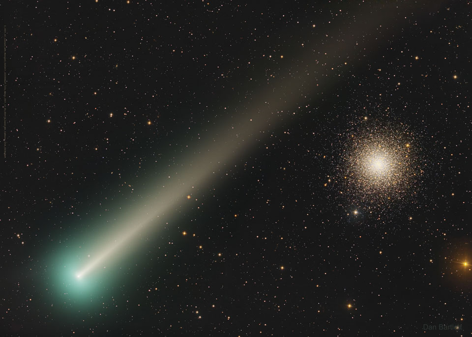 Komet C/2021 A1 Leonard über Kalifornien mit dem Kugelsternhaufen M3.