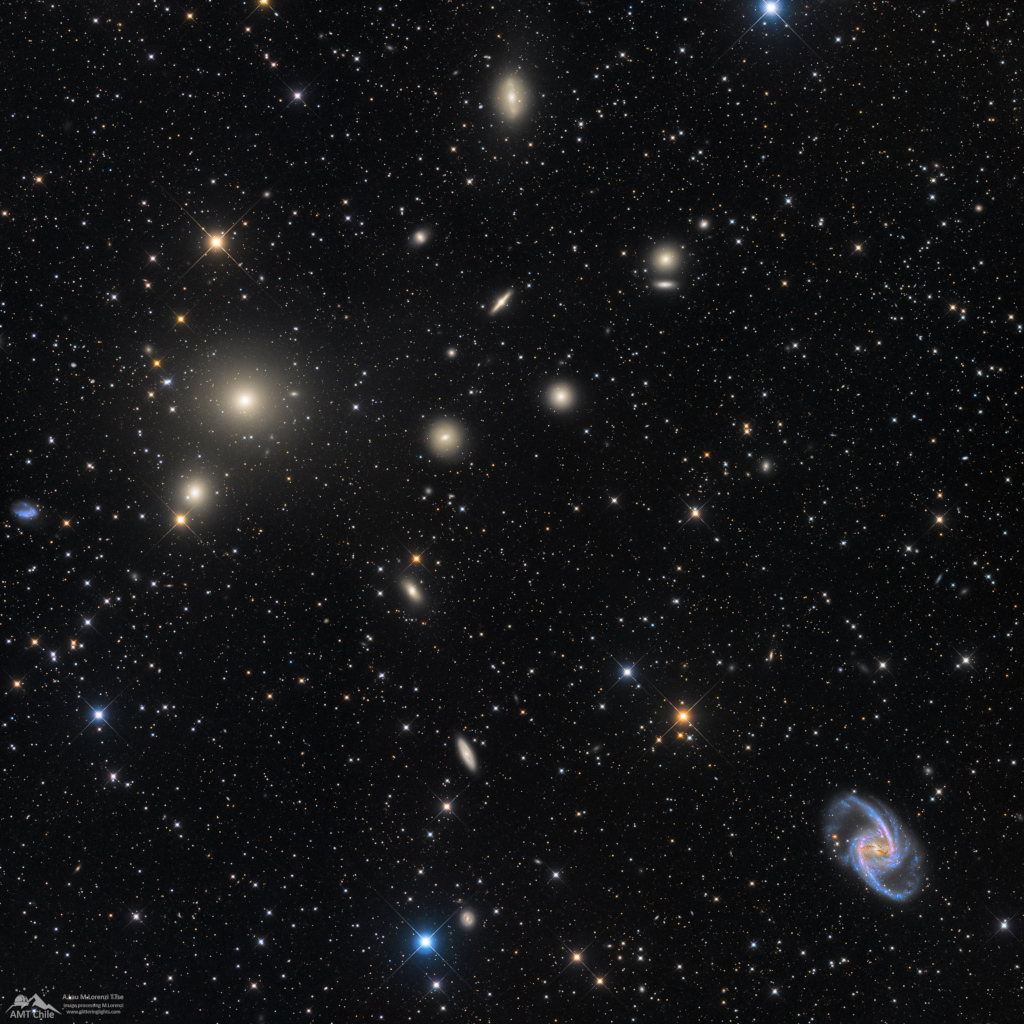 Der Fornax-Galaxienhaufen mit den markanten Galaxien NGC 1399, NGC 1404 und NGC 1365.