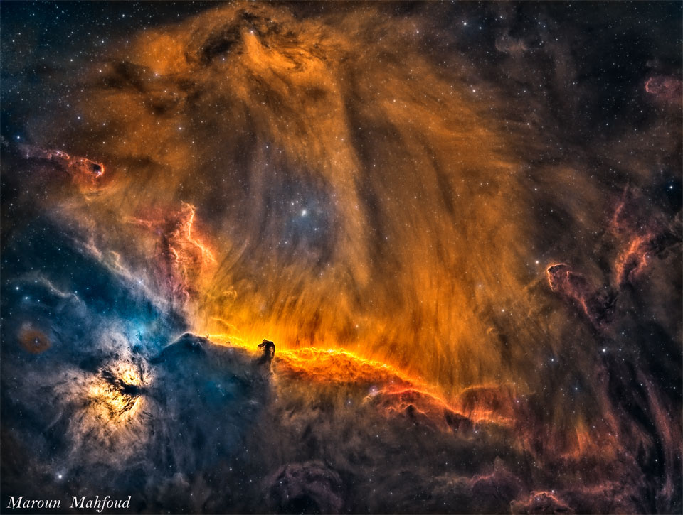 Pferdekopfnebel und Flammennebel im Sternbild Orion.