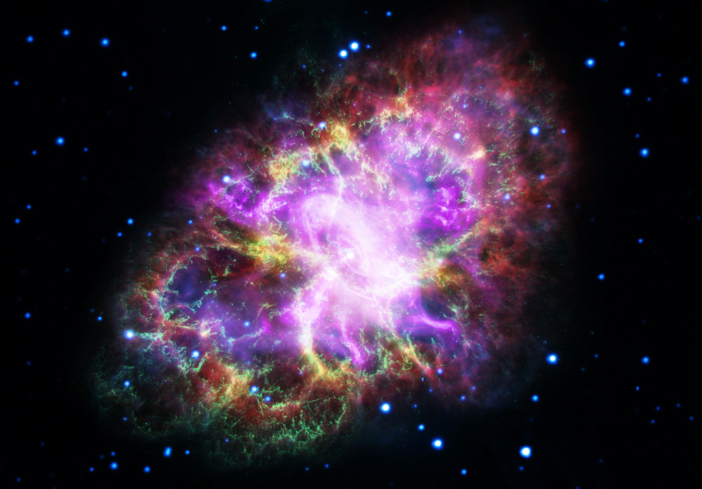 Der Krebsnebel Messier 1 im Sternbild Stier, abgebildet in vielen Wellenlängen des elektromagnetischen Spektrums.