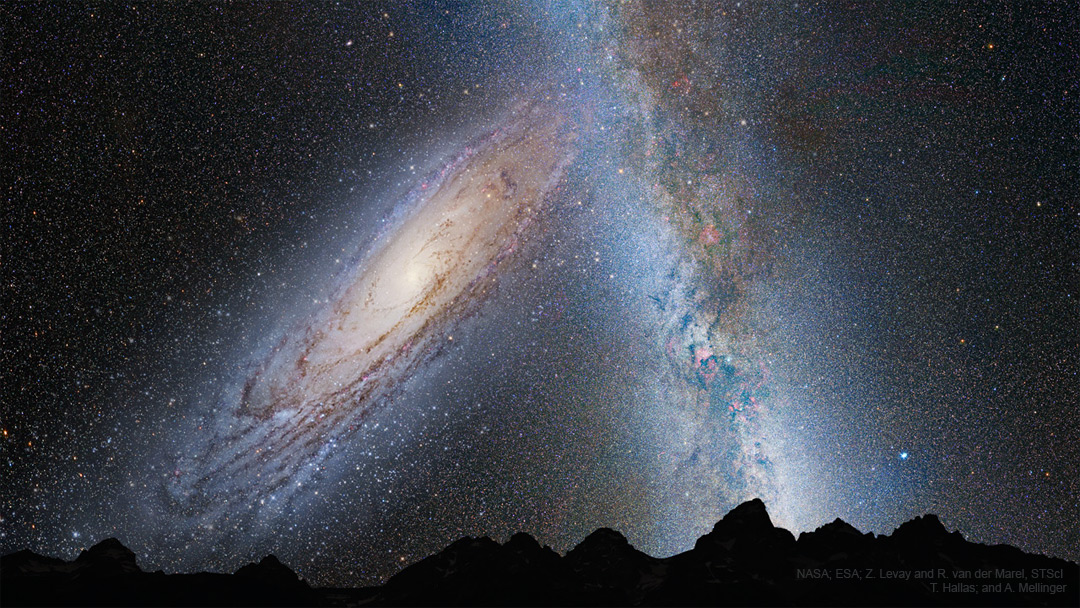 Das Bild ist ein Grafik-Komposit, es zeigt die Andromeda-Galaxie Messier 31 im Anflug auf unsere Milchstraße, mit der sie in etwa 4,5 Milliarden Jahren kollidieren wird.