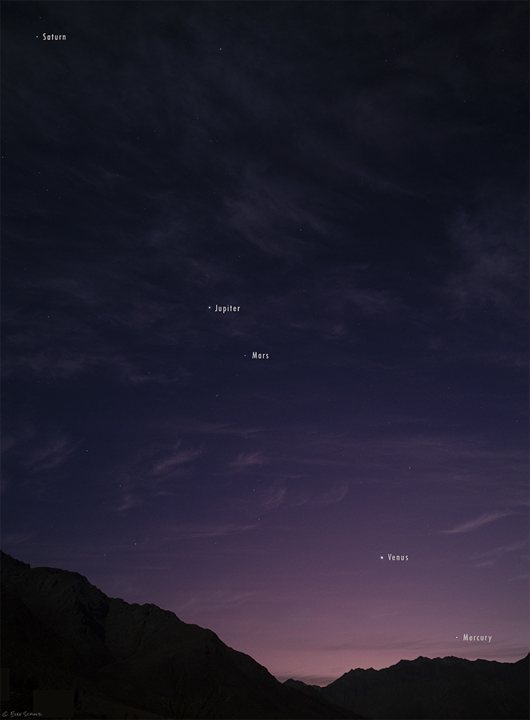 Planetenparade mit Merkur am Morgen des 15. Juni aus dem Tal des Rio Hurtado in Chile