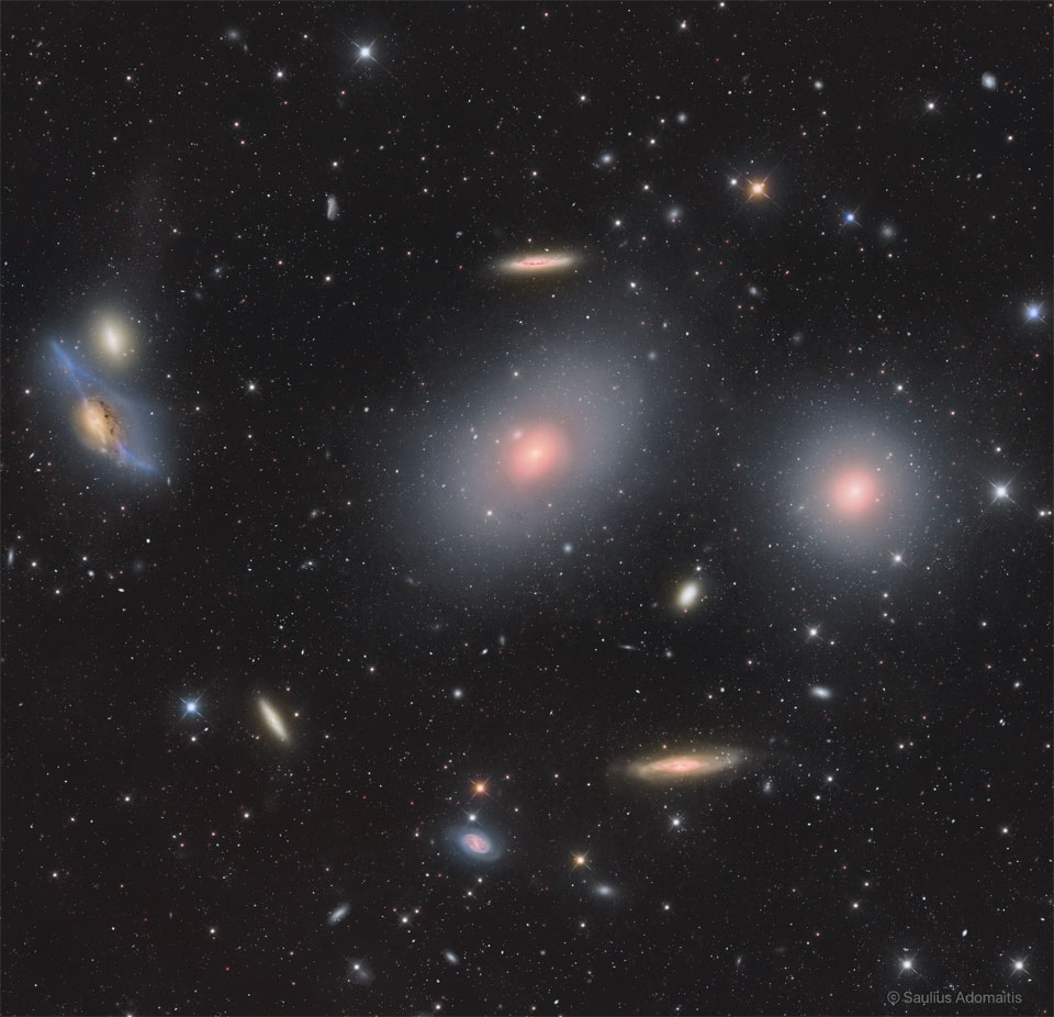 Das Bild zeigt den zentralen Teil des Virgo-Galaxienhaufens, darunter die hellen Galaxien M84 M84, M86 und Markarians Augen.