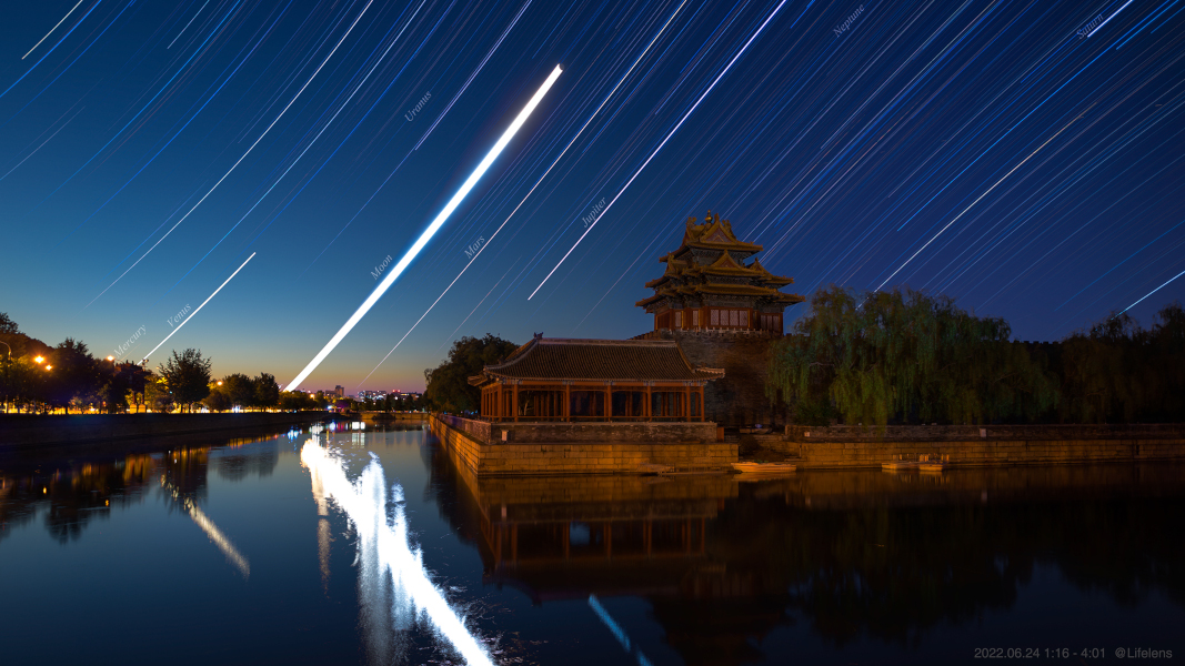 Die Strichspuren aller Planeten im Sonnensystem und der Mondsichel am Morgenhimmel über der Verbotenen Stadt in Peking, China