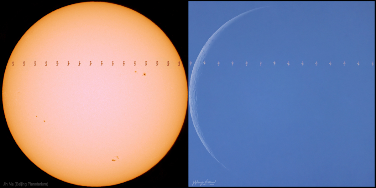 Die Internationale Raumstation ISS zieht am Tageshimmel über China vor der Sonne und dem abnehmenden Sichelmond vorbei.