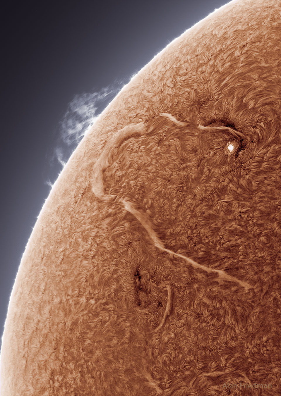 Das invertierte Falschfarbenbild zeigt eins der längsten je beobachteten Sonnenfilamente vor der teppichartigen Struktur der Sonne.