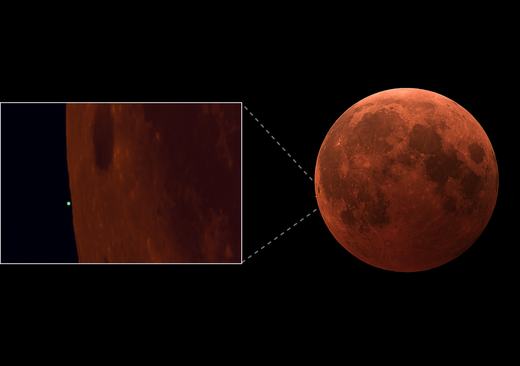 Das Bild zeigt den rot gefärbten Mond der Mondfinsternis am 8. November, als er gerade den Planeten Uranus bedeckte.