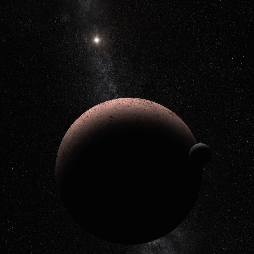 Der Zwergplanet Makemake am Rand des Sonnensystems besitzt einen Mond, beide sind auf dieser Illustration dargestellt.