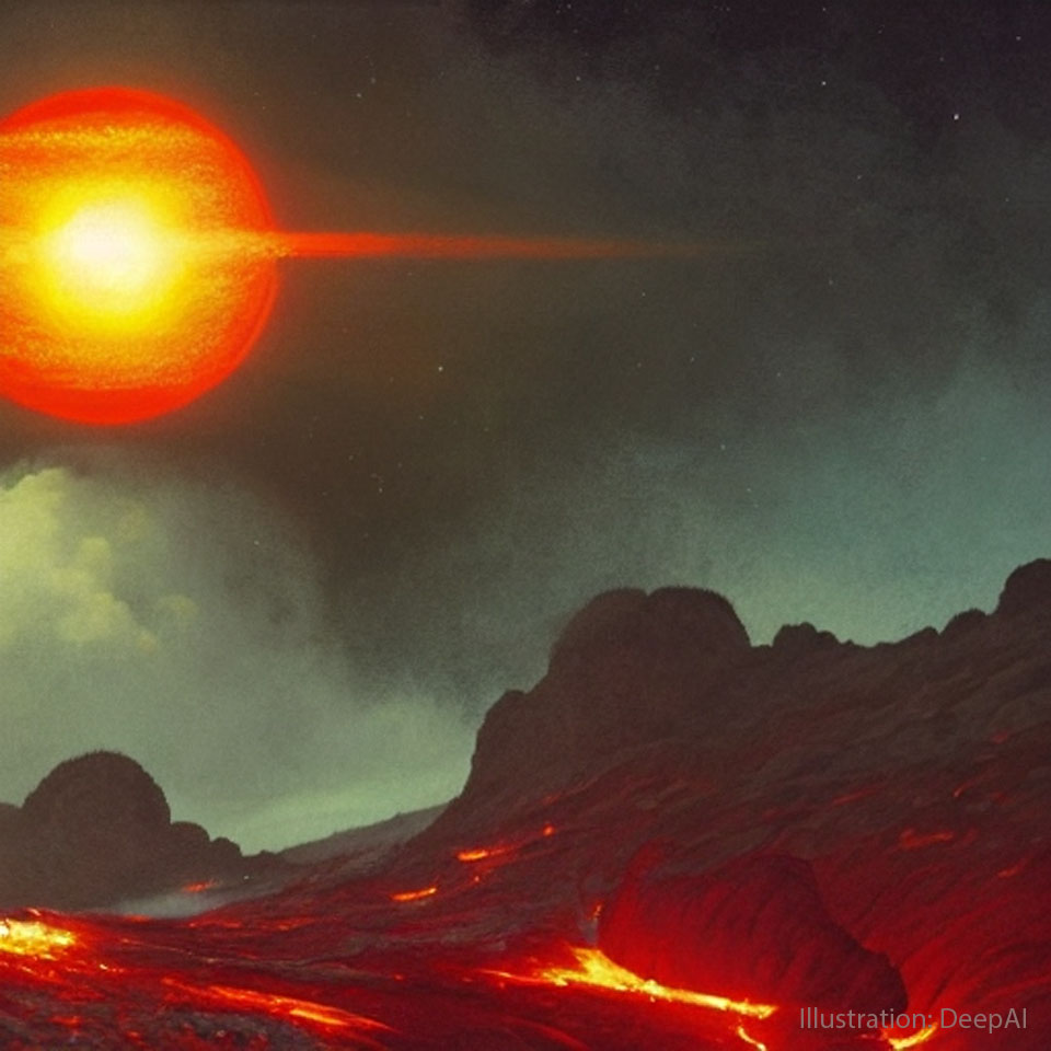 Diese Illustration einer künstlichen Intelligenz zeigt eine mögliche Landschaft des Explaneten LHS 475 b, der eine ähnliche Masse besitzt wie die Erde. Über einer von Lava gefluteten Landschaft geht der rote Zentralstern des Planeten auf.