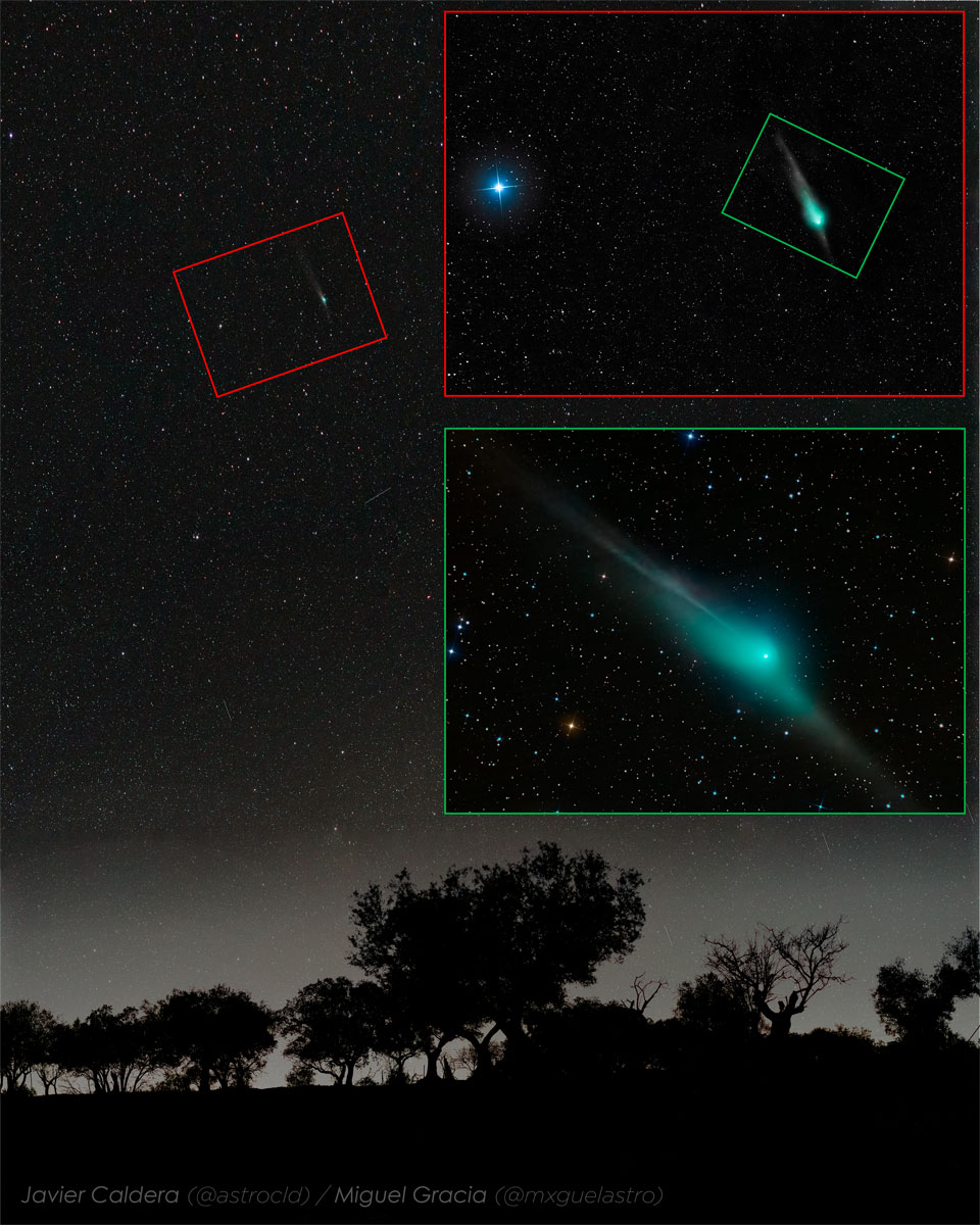 Komet ZTF mit blopem Auge, zwei Bildeinschübe zeigen den Kometen mit Fernglas und einem kleinen Teleskop.