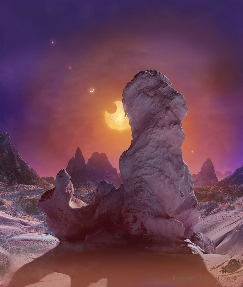 Illustration einer Planetenoberfläche mit eisiger Landschaft und einem dämmrigen Stern im Hintergrund