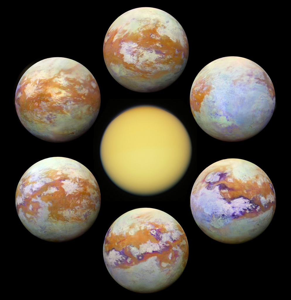 Rund um ein Bild des Saturnmondes Titan mit gelber, glatter Atmosphäre sind 6 Bilder angeordnet, auf denen die Oberfläche von Titan zu sehen ist.