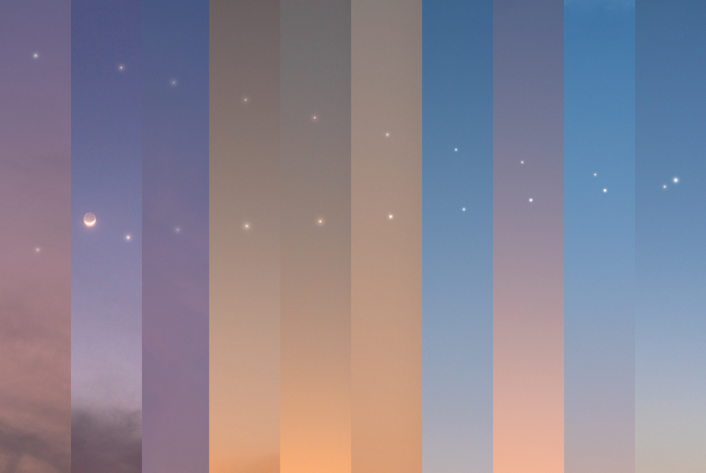Das Bild ist in Streifen aufgeteilt, in denen die tägliche Annäherung der Planeten Venus und Jupiter abgebildet ist. Auf manchen Bildern ist der Himmel bläulich, auf anderen orangefarben.