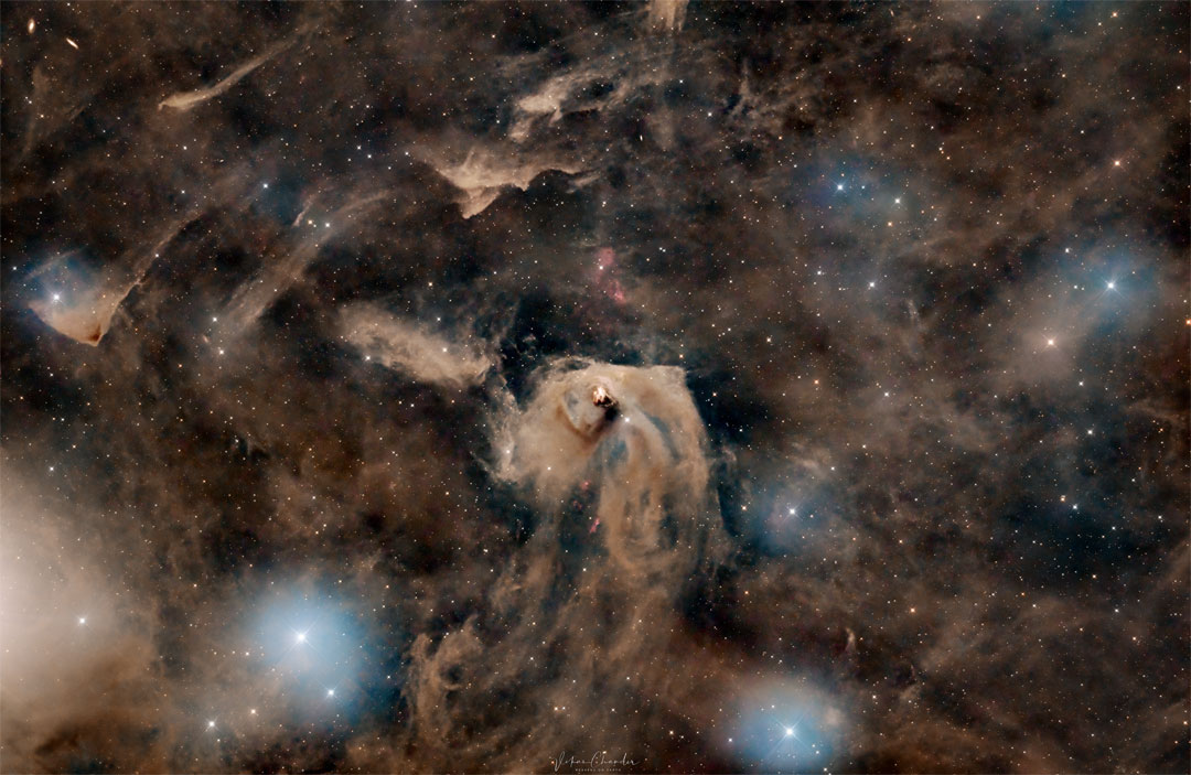 Das Sternenfeld im Bild ist mit braunen Staubbüscheln übersät. In der Mitte leuchtet ein heller Bereich aus hellbraunem Staub, in der Mitte davon befindet sich eine helle Sternbildungsregion.