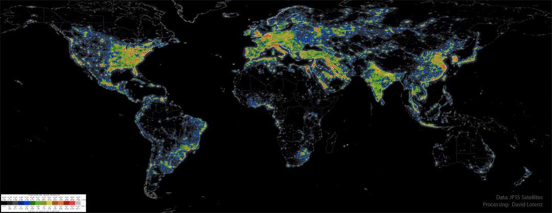 Diese Karte zeigt die Lichtverschmutzung in verschiedenen Regionen der Welt.