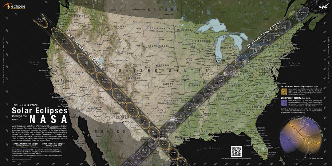 Das Bild zeigt den Verlauf zweier Finsternisse über Nordamerika.