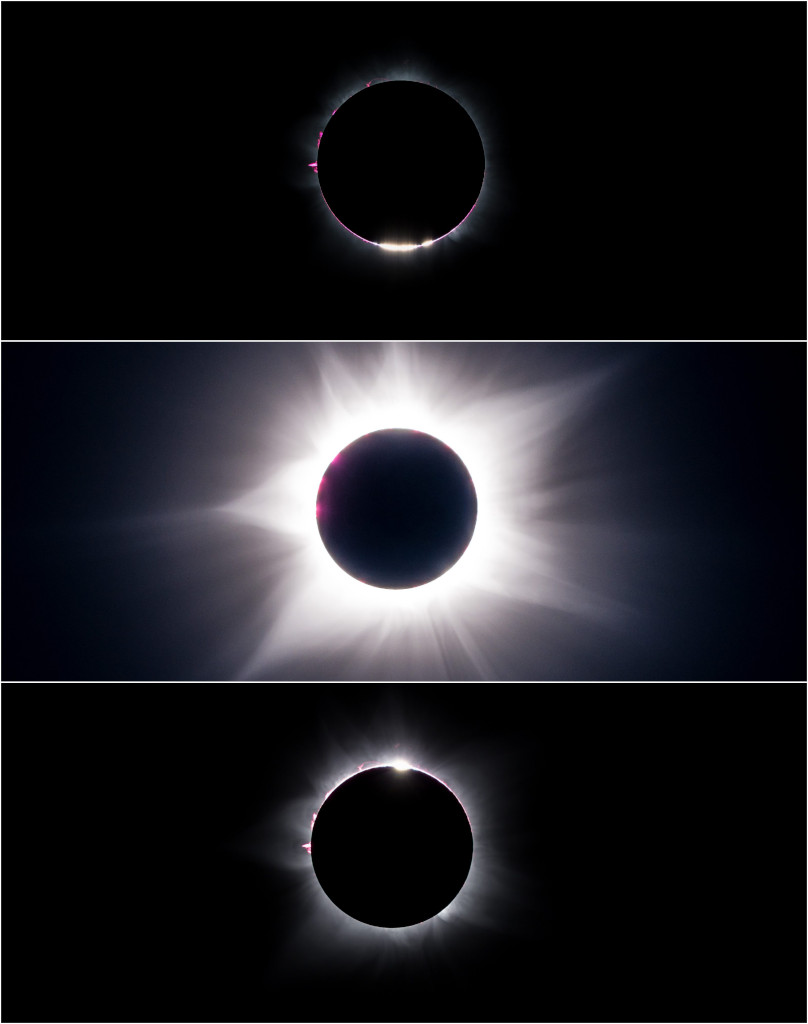 Übereinander sind drei Bildabschnitte angeordnet, oben und unten ist eine Sonnenfinsternis mit Diamantring abgebildet, in der Mitte strahlt die Korona rund um den Mond.