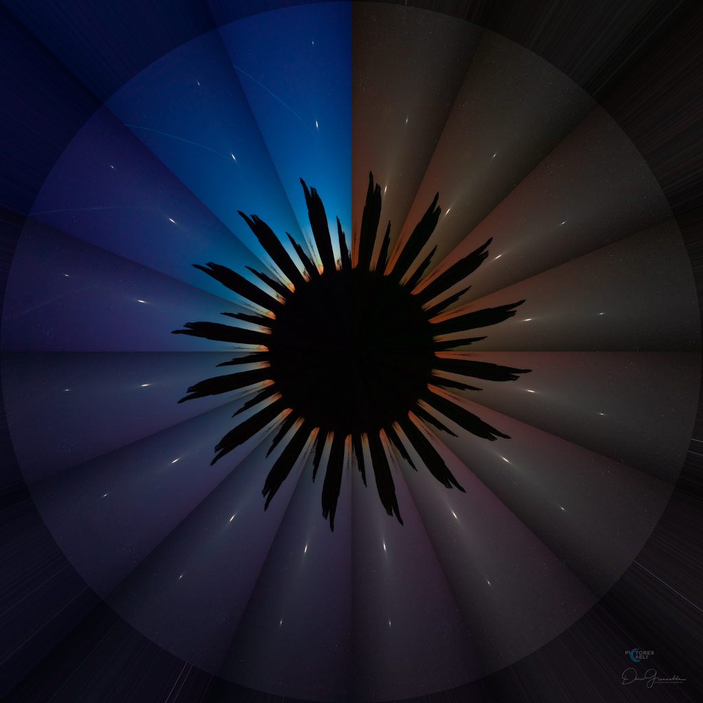 Das Bild sieht aus wie eine schwarze Blume, gegen den Uhrzeigersinn sind oben blaue Segmente im Kreis angeordnet, die immer dunkler werden.