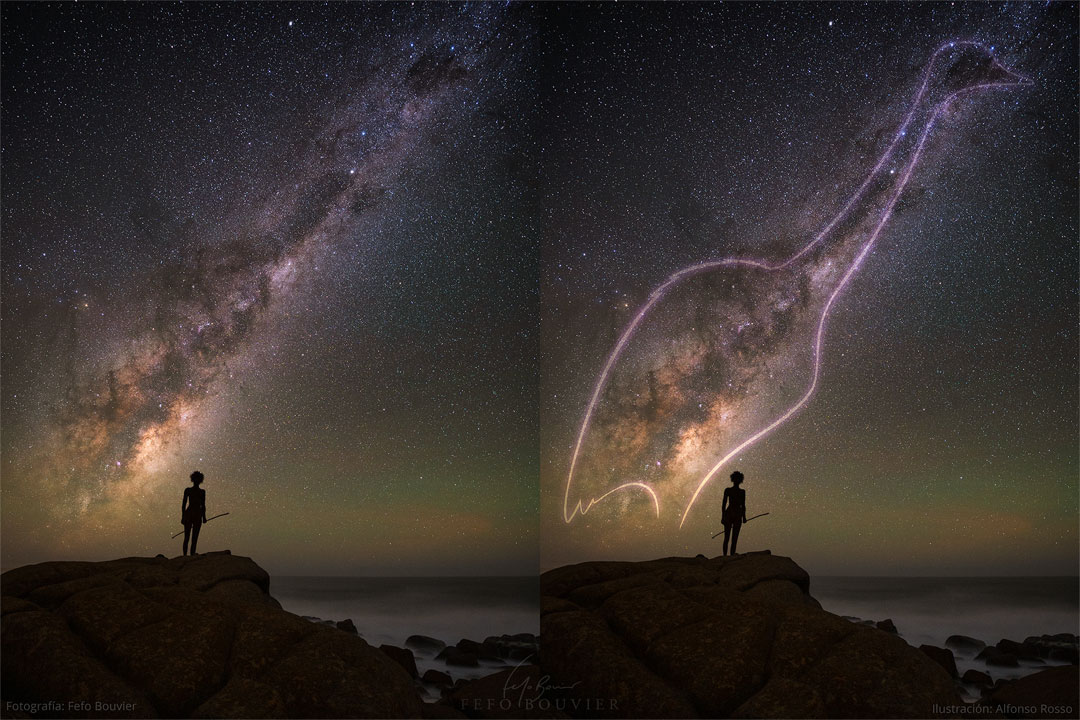 Das Foto is doppelt abgebildet. Links steigt die Milchstraße hinter einer Silhouette auf, rechts ist der Vogel in der Milchstraße markiert.