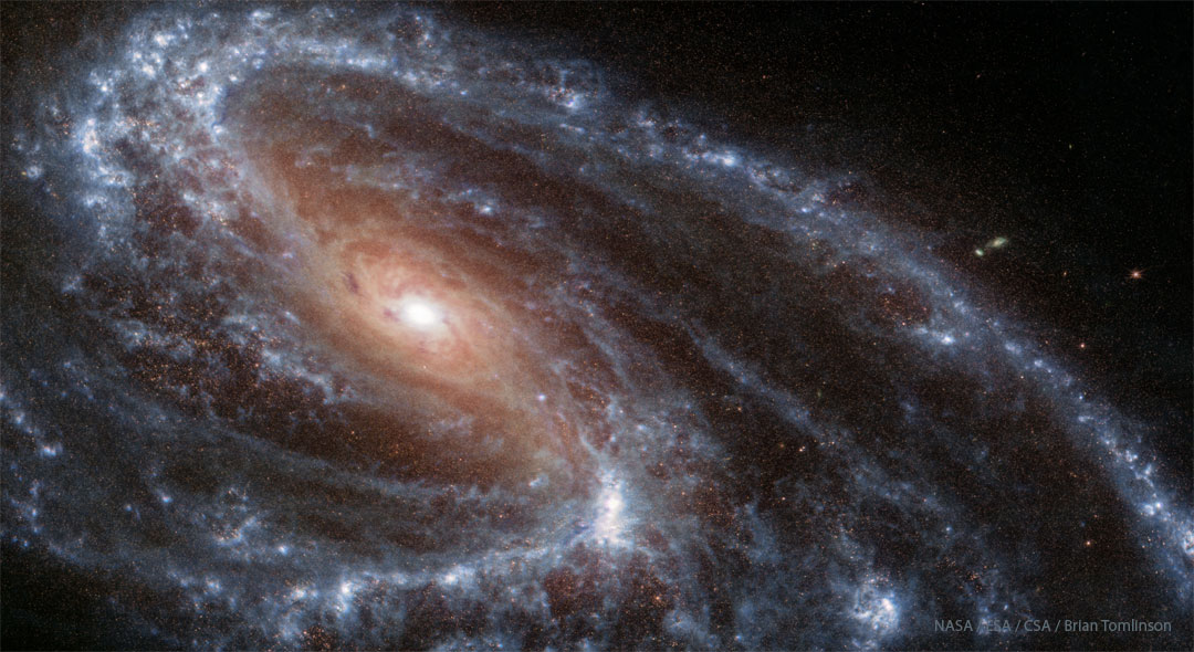 Eine Galaxie füllt das ganze Bild, wir sehen sie schräg von oben. Links ist das helle Zentrum, rechts verläuft ein langer Spiralarm.