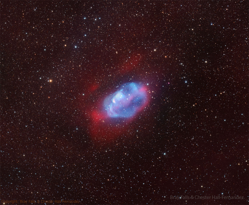 Mitten im Bild leuchtet ein bläulicher Nebel mit einigen purpurfarbenen Nebelflecken am Rand. Im Hintergrund sind Sterne verteilt.