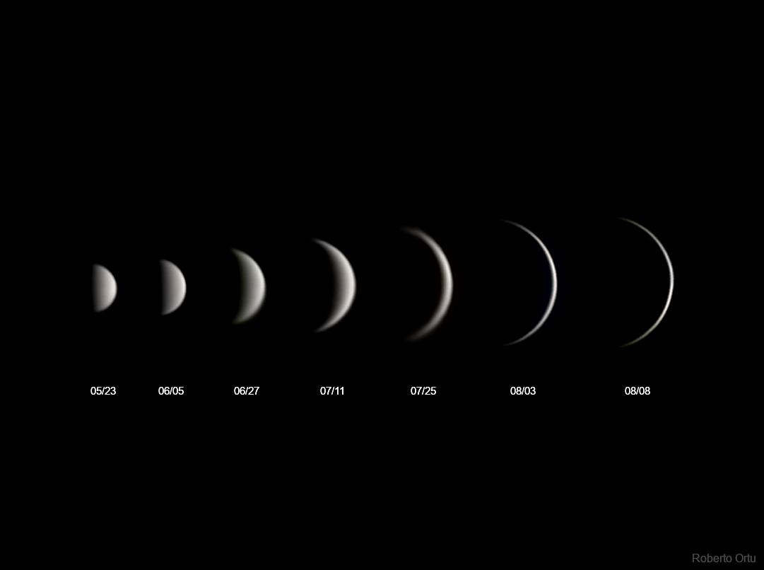 Vor schwarzem Hintergrund leuchten 7 Bilder der Venus-Sichelphasen, links eine kleine Halbphase, diese verändert sich Bild für Bild in eine große, sehr schmale Sichel ganz rechts.