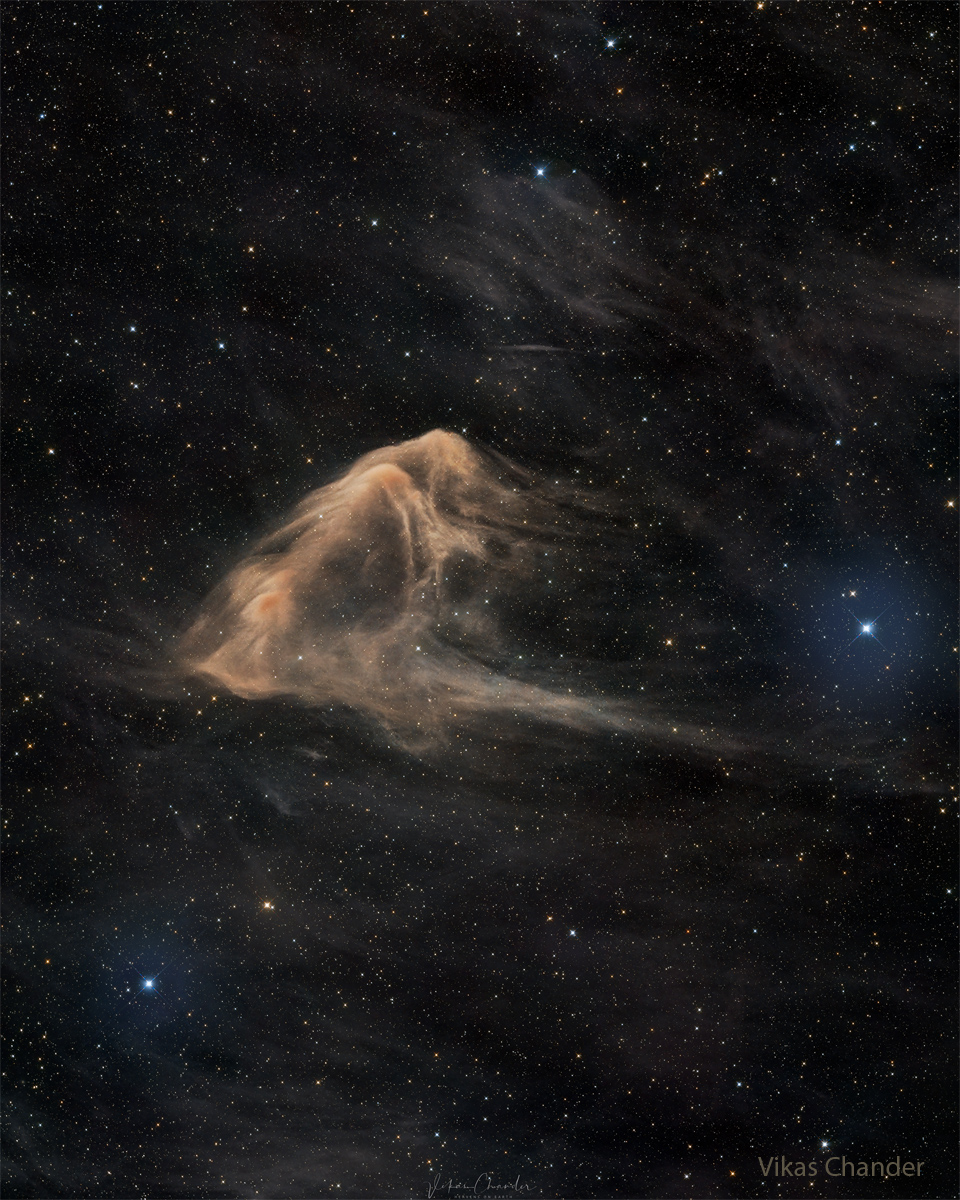 Mitten in einem Sternenfeld leuchtet ein beigefarbener Nebel in Form eines Adlerrochens.