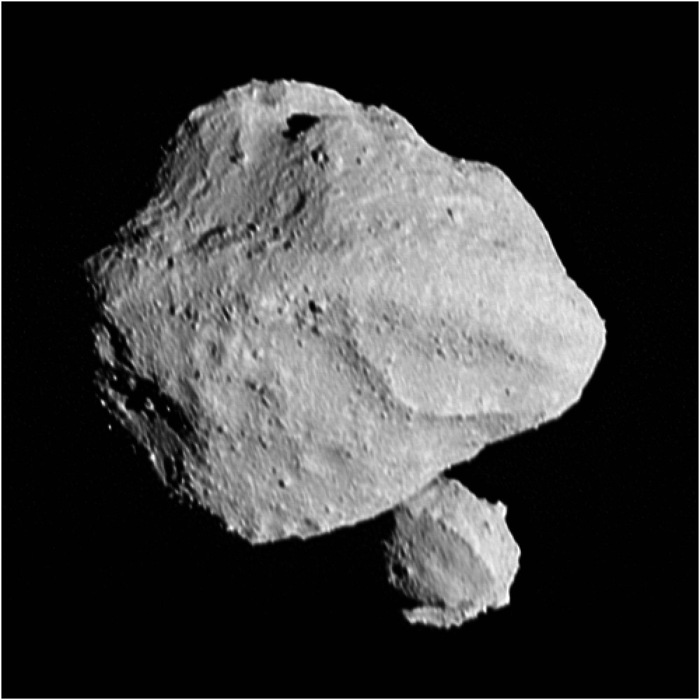 Mitten im Bild schwebt ein Asteroid, der mit Geröll bedeckt ist. Unten und etwas weiter hinten schwebt ein kleinerer Körper, der aus demselben Material besteht.