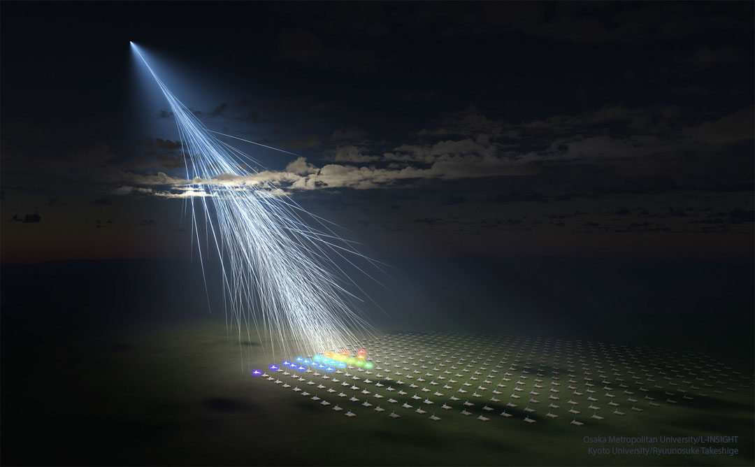 Die Illustration zeigt eine sehr energiereiche kosmische Strahlung, die in der Erdatmosphäre einen Luftschauer auslöst. Unten ist eine Reihe von Luftschauer-Detektoren zu sehen.