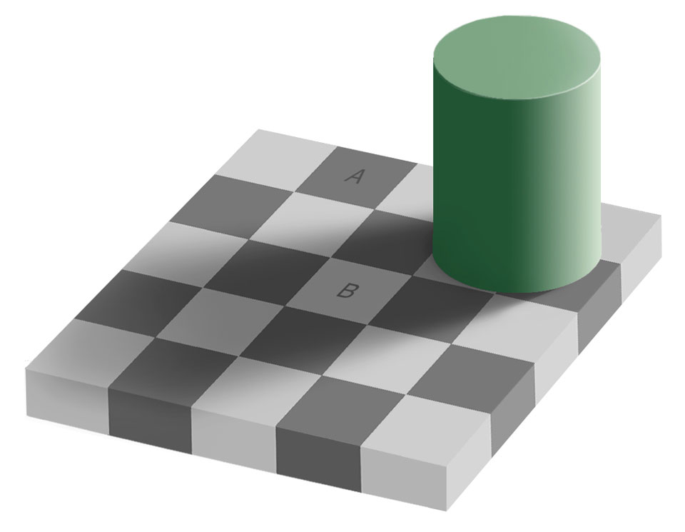 Das Bild zeigt ein Schachbrett mit hell- und dunkelgrauen Quadraten. Eine grüne Röhre auf dem Brett wirft einen Schatten. Auf einem dunklen Quadrat ist ein Buchstabe A und im Schatten ein Buchstabe B auf einem hellen Quadrat. Die Frage lautet, ob die beiden Quadrate A und B dieselbe Farbe haben.