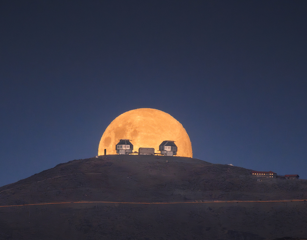 Hinter einem dunklen Berg, auf dem zwei Koppeln und dazwischen ein flaches Gebäude eines Observatoriums stehen, geht am klaren, dunkelblauen Himmel der Vollmond auf.