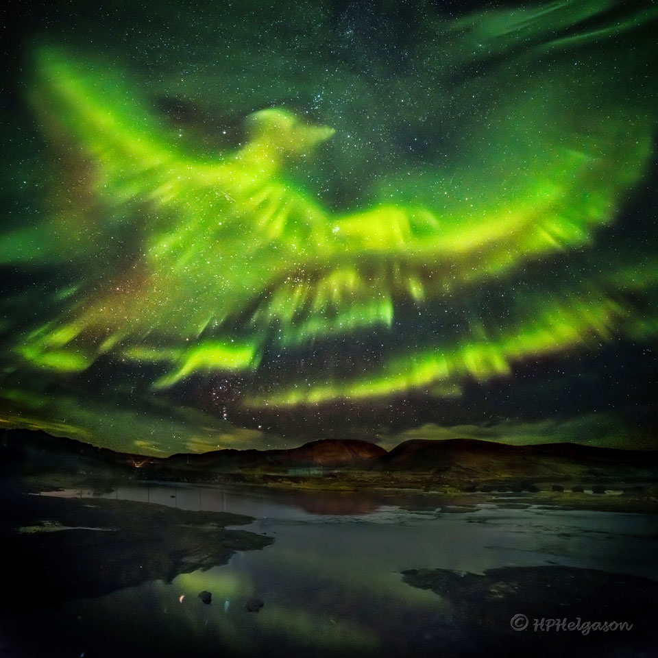 Ein grünes Polarlicht füllt den sternenklaren Himmel. Im Vordergrund befinden sich ein Berg und ein See. Manche erinnert das Polarlicht an einen fliegenden oder aufsteigenden Phönix.