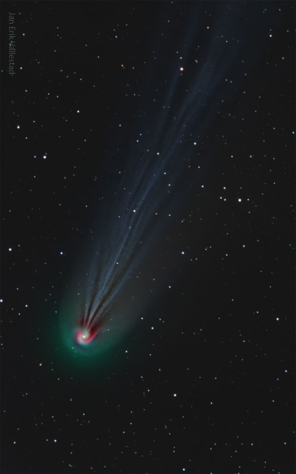 Rechts unten sind der Kern und die Koma des Kometen Pons-Brooks zu sehen. Die Koma leuchtet grünlich, der Kern ist von spiralförmigen Ausgasungen umgeben, ein Hinweis, dass er sich vermutlich dreht. Nach rechts oben verlaufen die Schweife in Strähnen. Im Hintergrund sind lose Sterne verteilt.