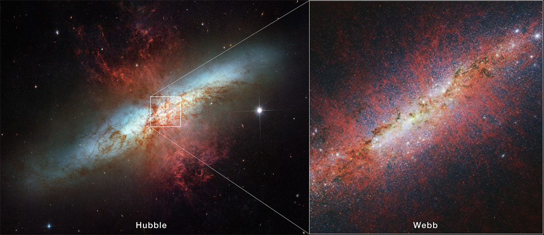 Links ist ein Bild der ungewöhnlichen Galaxie M82 zu sehen. Ein quadratischer Bildausschnitt ist rechts auf einem JWST-Bild vergrößert dargestellt. Von der Ebene der Spiralgalaxie gehen viele rot leuchtende Fasern aus.