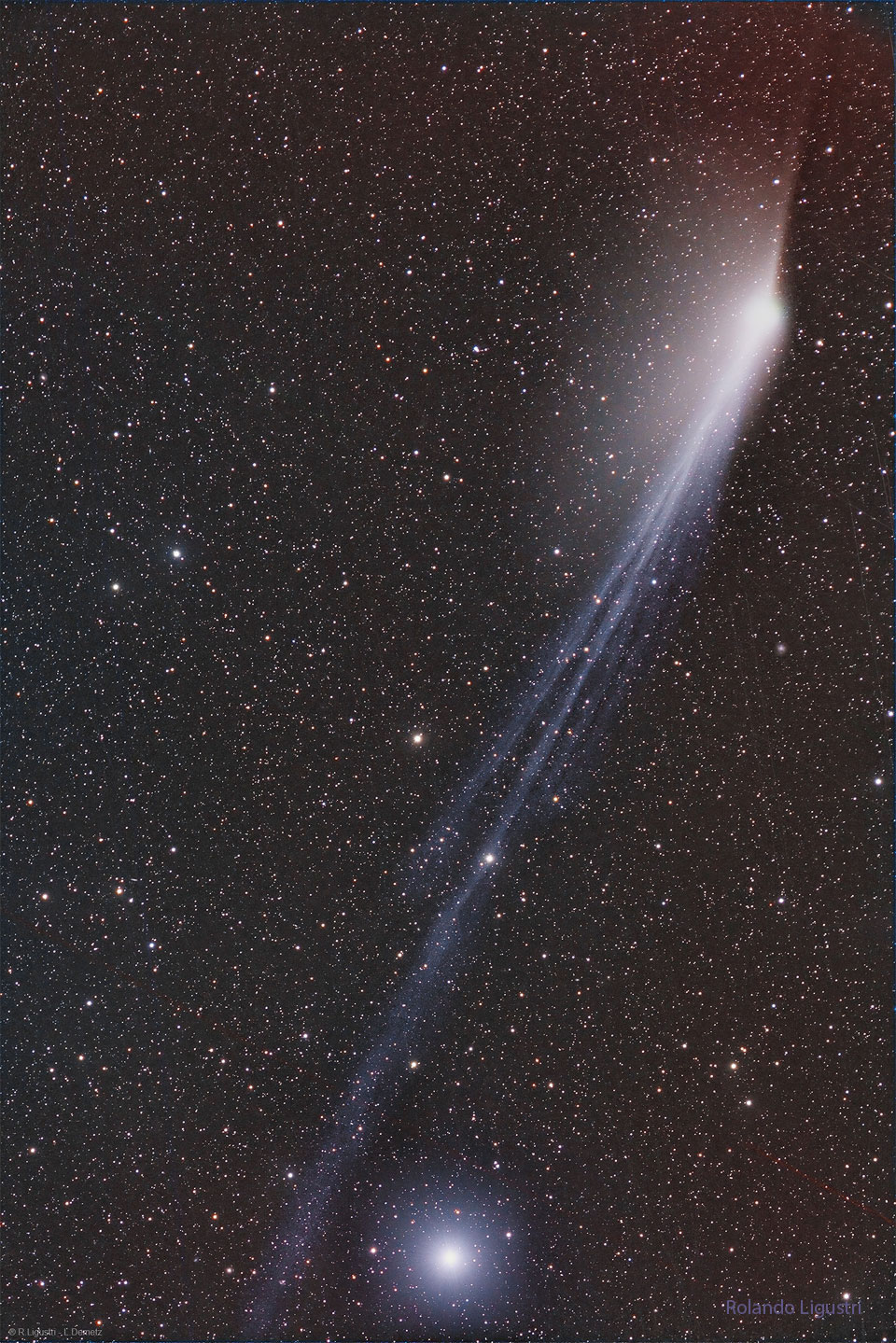 Rechts oben ist der Kopf des Kometen Pons-Brooks. Seine beiden Schweife zeigen scheinbar in verschiedene Richtungen, tatsächlich zeigen sie von uns aus gesehen nach hinten. Der Ionenschweif verläuft diagonal nach unten durchs ganze Bild, der Staubschweif ist verkürzt, er zeigt nach oben und fächert sich nach links bis zum Ionenschweif auf.