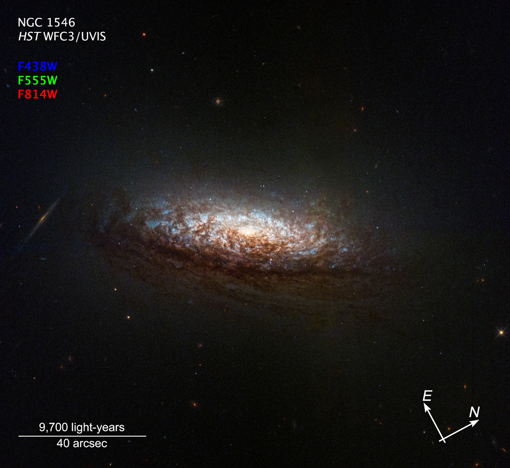 Eine Galaxie mit Spiralstruktur wird von ausgeprägten Staubnebeln stark abgedunkelt.