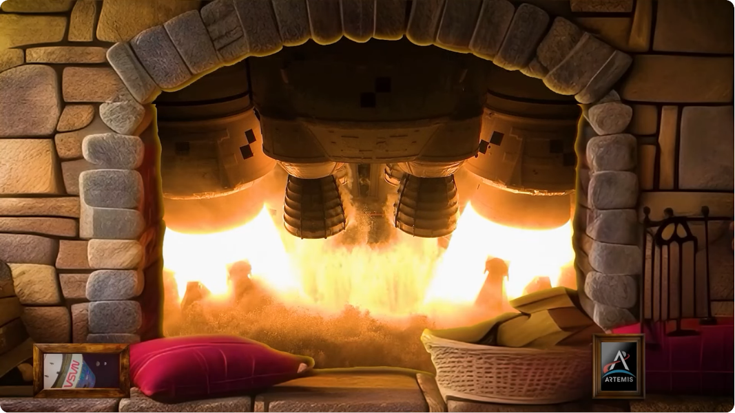 Im Bild ist ein Kamin mit Feuer zu sehen, das Feuer stammt aber von einem Raketentriebwerk im Kamin. Links neben der Öffnung liegt ein Bild der Raumkapsel Orion.