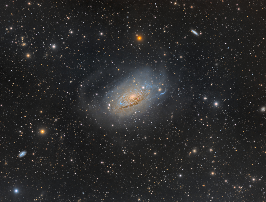 Die Spiralgalaxie M63 ist nicht nur von vielen Sternen umgeben, sondern auch von vielen Galaxien. Sie macht einen etwas zerzausten Eindruck.