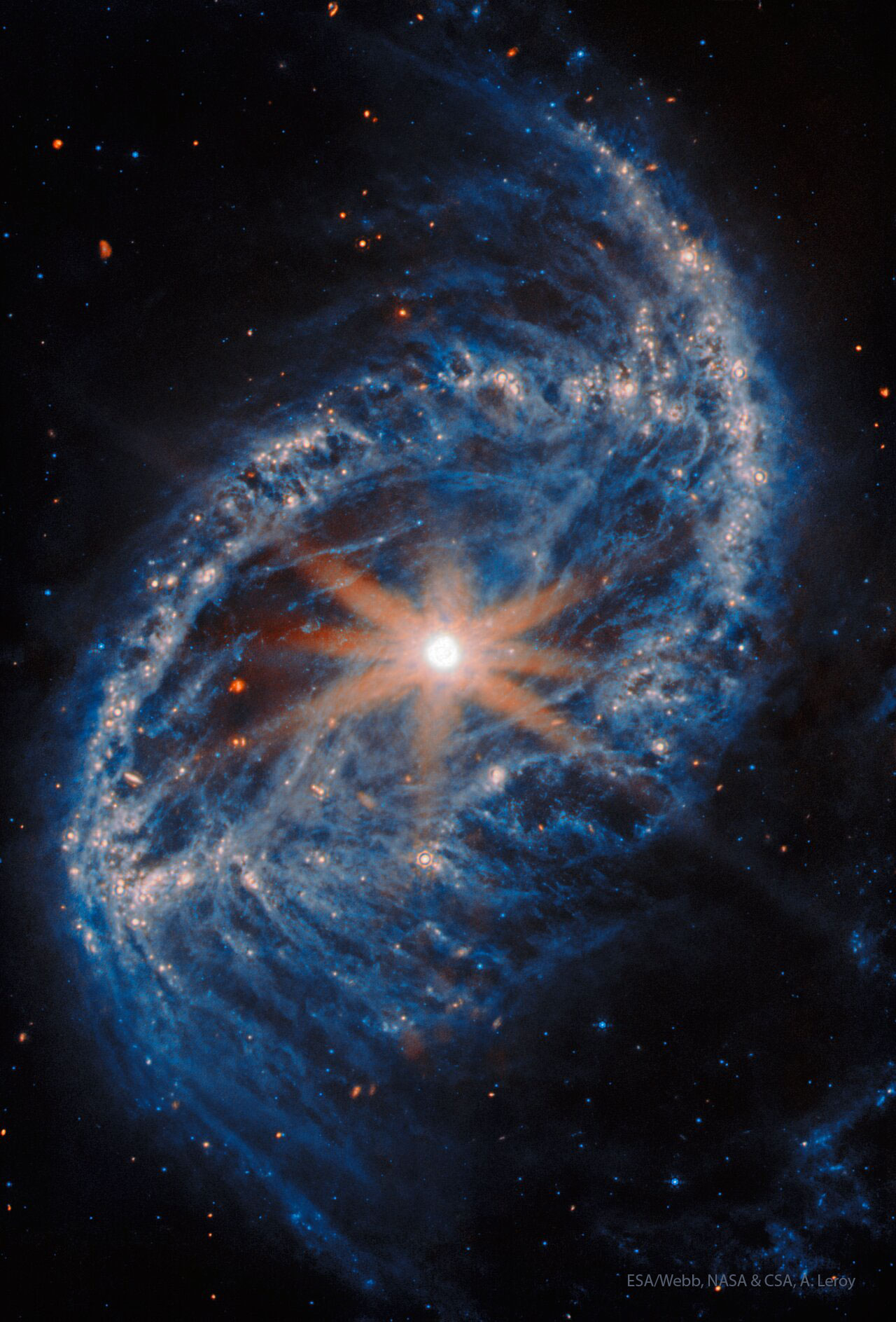 Vor dem Sternenhimmel ist eine ovale Galaxie zu sehen. Die äußeren Ringe zeigen viele helle blaue Sterne. In der Mitte ist ein heller Kern mit acht hervorstehenden Spitzen zu erkennen.
